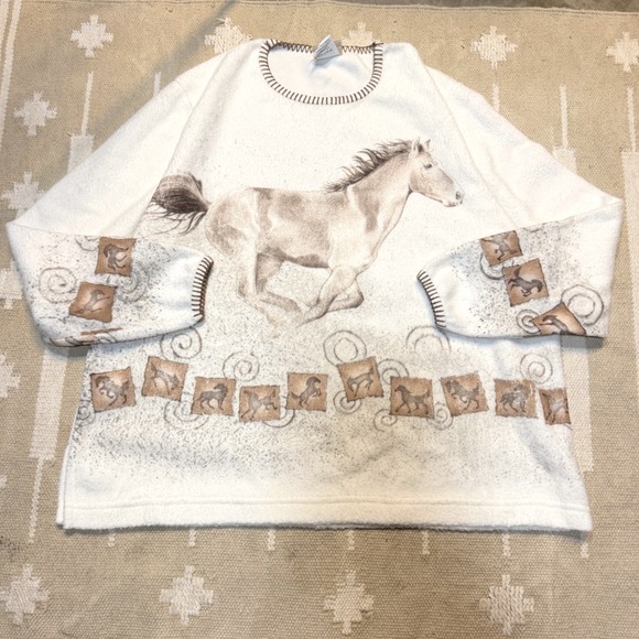 Artisans Tops - Vintage Horse Sweater Women XL Fleece Cream Artisans Equestrian farmcore